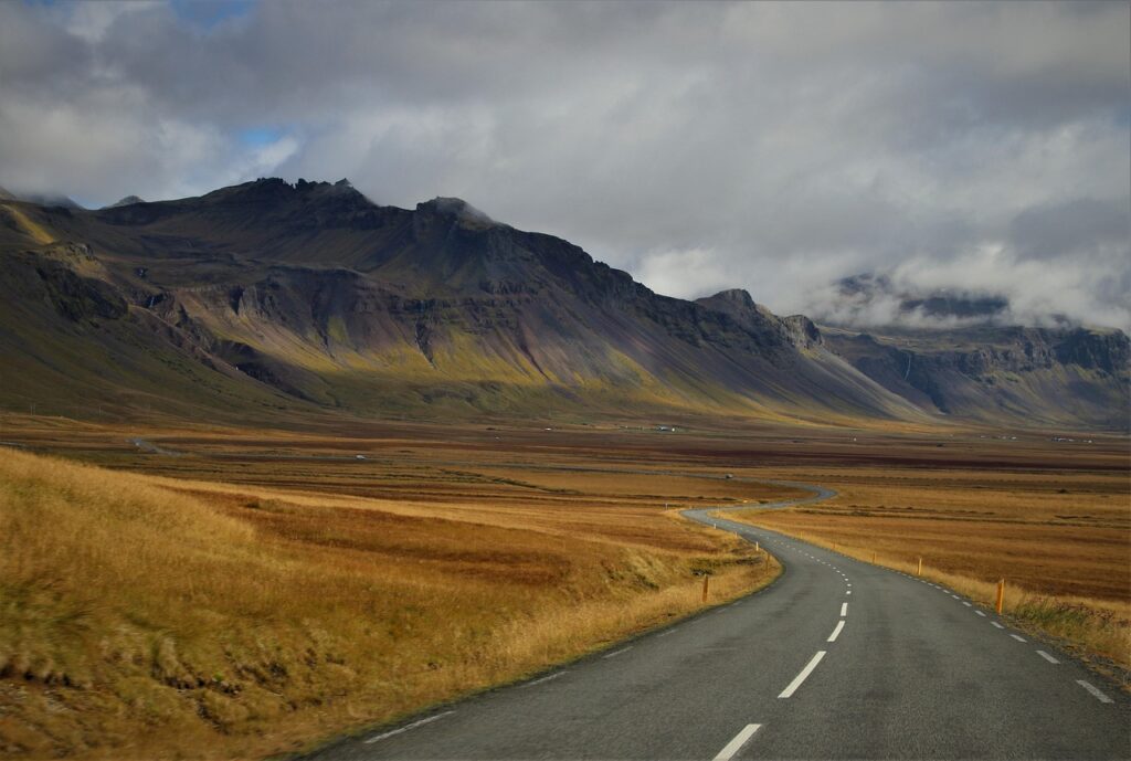 mountains, way, perspective, distant view, nature, travel, scenery, cloudy, iceland, the language of the earth, asphalt, brown travel